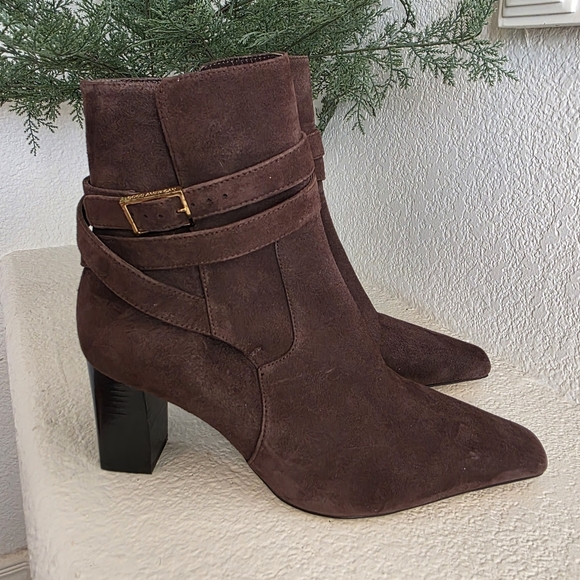 Good American Chocolate Brown Suede Ankle Boots Block Heel Size 8 - Picture 2 of 13